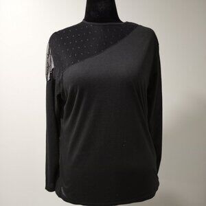 BLACK LONGSLEEVE TOP WITH ASYMMETRIC POLKA DOT LACE FEATURE WOMEN SIZE L